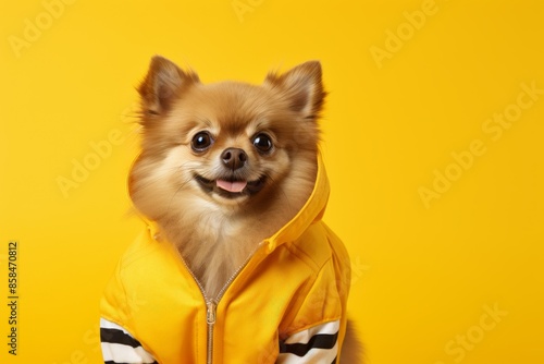 Happy Pomeranian dog in a yellow striped sweater, sitting against a bright yellow background, tongue out

yellow striped sweater, cheerful expression, bright yellow background, verti photo