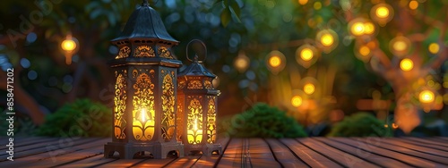 Arabic lantern, burning candles, dates and misbaha on mirror surface against blurred lights. AI generated illustration © 3D