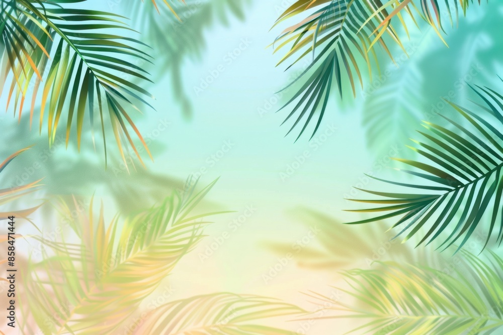 Obraz premium background with palm leaves in the corners, a soft gradient from green to yellow and orange, subtle shadow effects, a summer vibe with tropical vibes Generative AI
