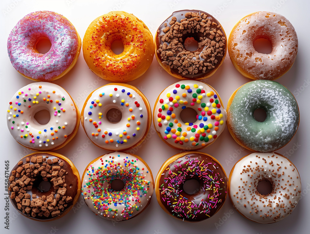 12 different donuts, isolated on white background 12 different donuts, isolated on white background