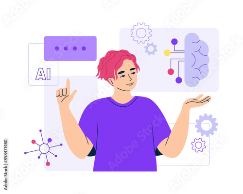 Artificial intelligence help man. Customer service bot, online client support. AI-powered search, machine learning, chat bot, automatic processes. Isolated vector illustration.