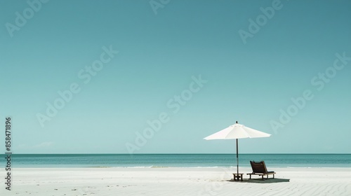 A serene beach scene with a single umbrella and a deck chair, under a clear sky photo