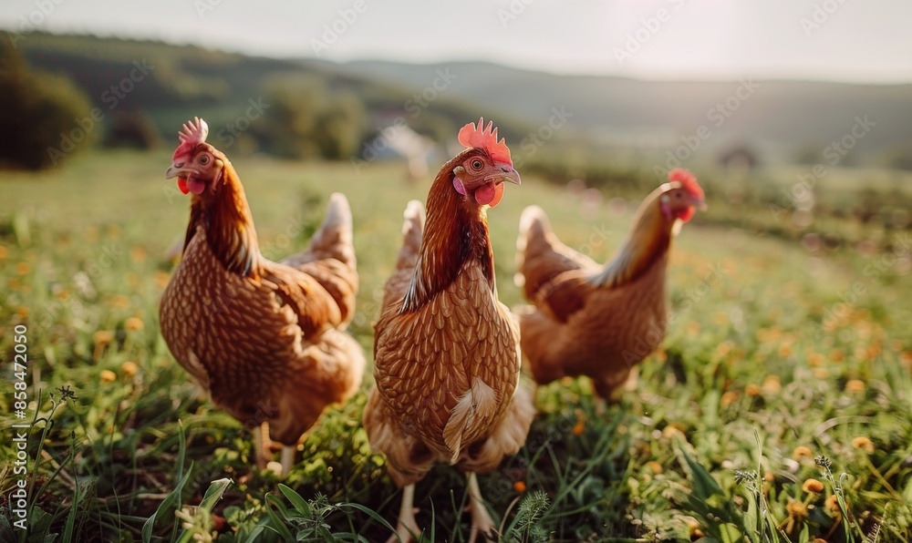 Fototapeta premium Chickens Grazing in Green Pasture on a Sunny Day