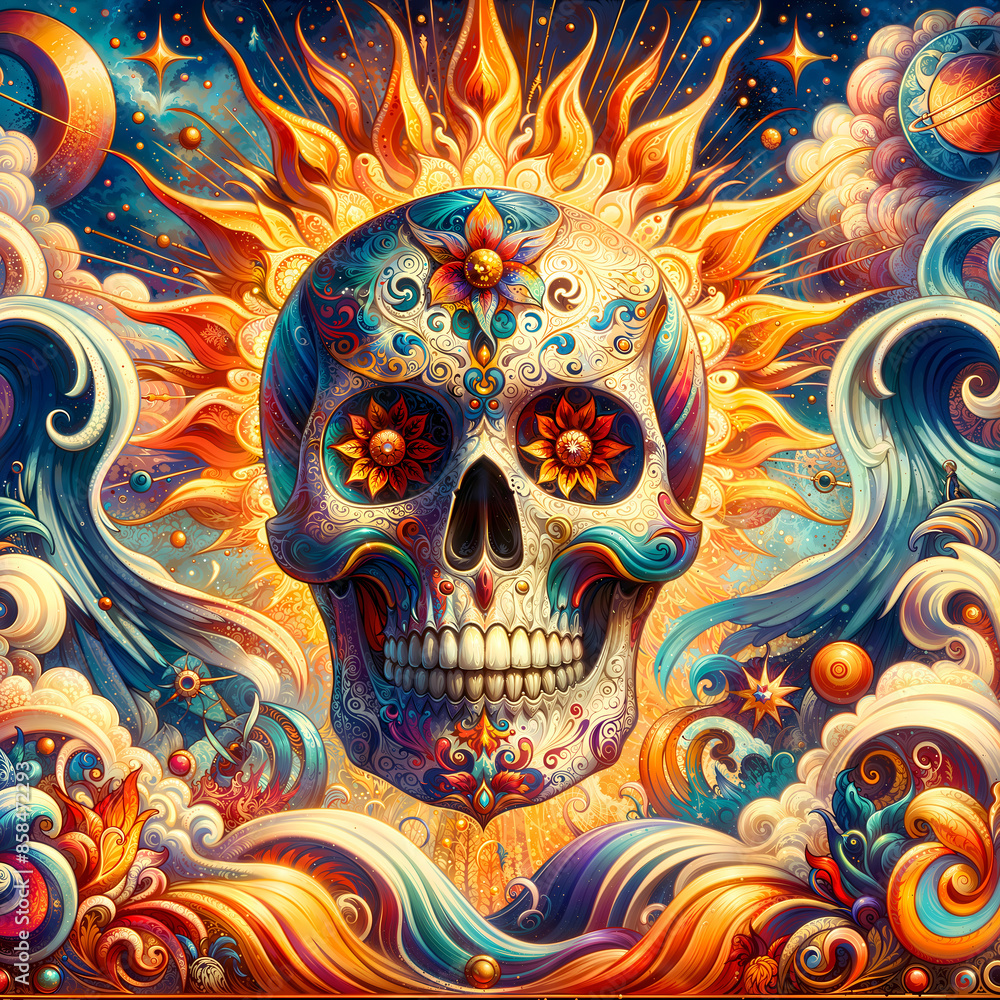 Sugar Skull with Sun and Ocean Waves Sugar Skull with Sun and Ocean Waves