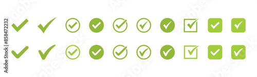  Green check mark and red cross icon set. Circle, rectangle, triangle and square. Tick symbol in green color, cheklist or chekbox vector illustration
