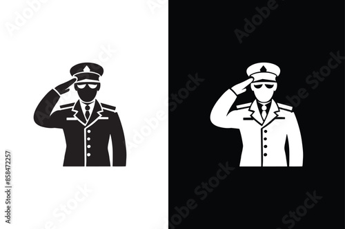 Standing military army soldier giving salute silhouette sign or symbol or icon.
