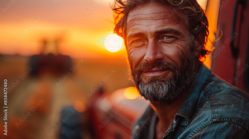 Portrait of a happy farmer in an agricultural field at sunset. A young agronomist enjoys the sunshine on a farmer's field with a tractor in the background. Agriculture concept. Portrait of a happy farmer in an agricultural field at sunset. A young agronomist enjoys the sunshine on a farmer's field with a tractor in the background. Agriculture concept.