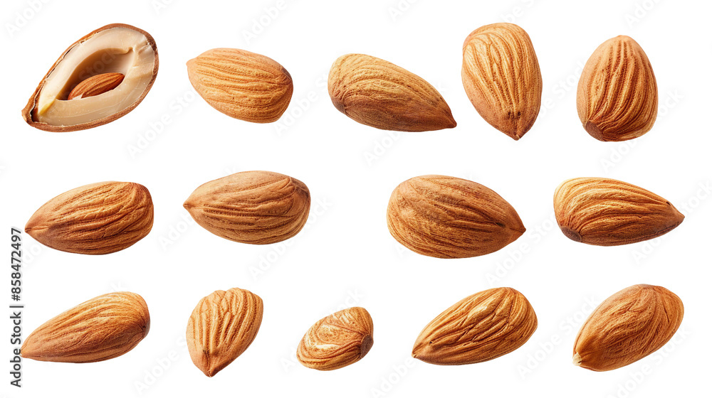 Fresh almonds isolated on transparent background. Close-up of organic nuts, perfect for healthy snack concepts. Ideal for culinary projects, illustrating natural ingredients in high detail. Fresh almonds isolated on transparent background. Close-up of organic nuts, perfect for healthy snack concepts. Ideal for culinary projects, illustrating natural ingredients in high detail.
