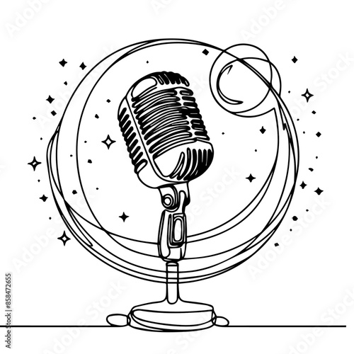 Continuous line drawing of microphone, microphone line art , microphone line art illustration
