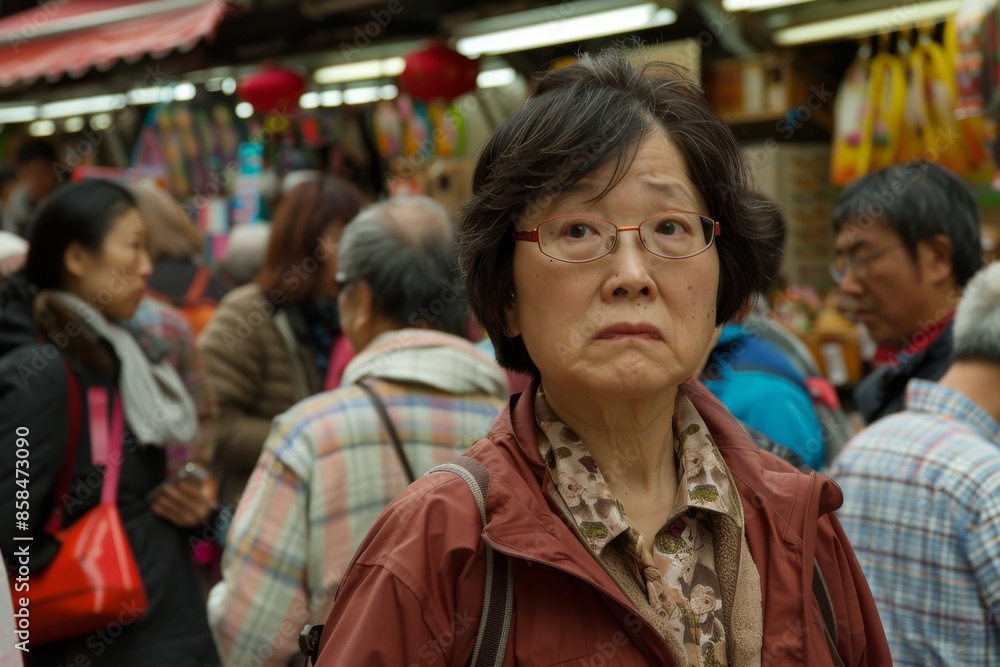 Mature Asian woman with glasses walking in the street in Taipei, Taiwan Mature Asian woman with glasses walking in the street in Taipei, Taiwan