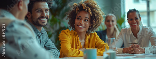 corporate culture, wide banner of a professional businesswoman smiling and looking at the camera in an office client meeting