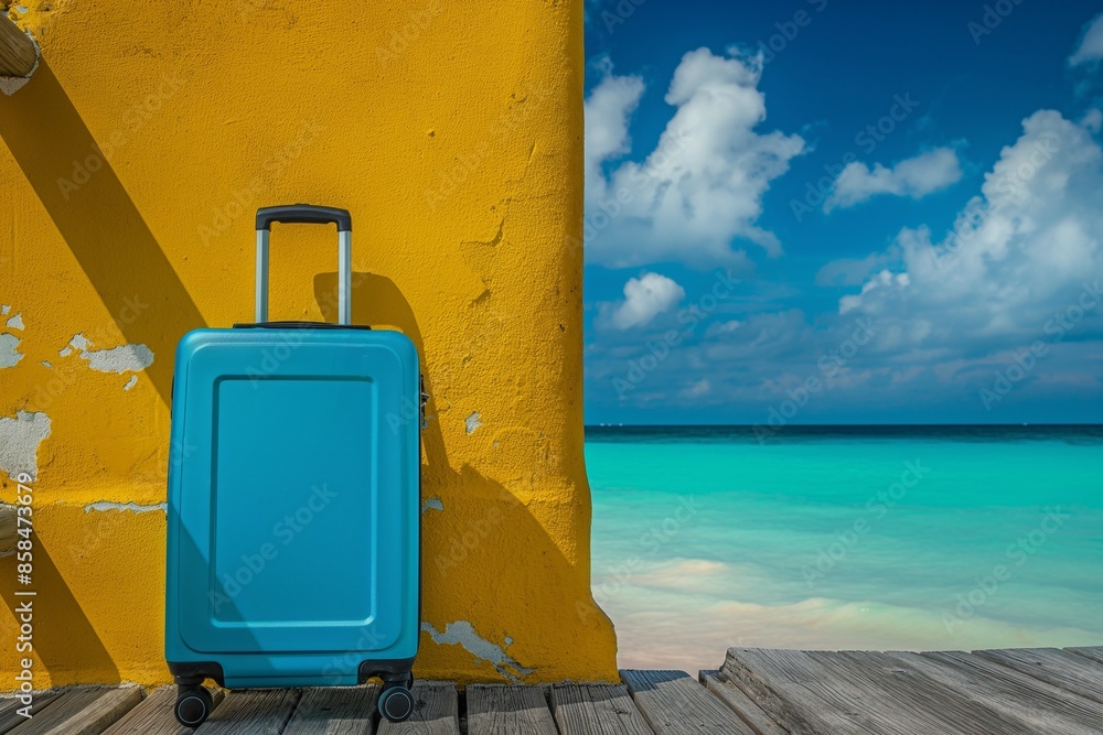 A bright blue suitcase standing on a wooden deck next to a wall. The background features a stunning, clear turquoise ocean under a sunny sky. The composition evokes a sense of travel and vacation. A bright blue suitcase standing on a wooden deck next to a wall. The background features a stunning, clear turquoise ocean under a sunny sky. The composition evokes a sense of travel and vacation.