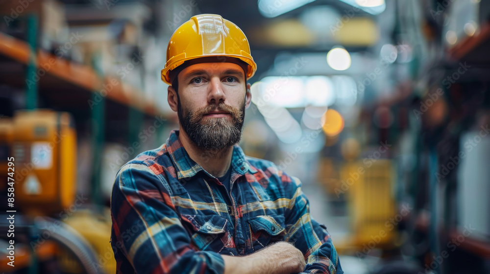 A male worker in a helmet at work at a factory. A young electrician is at his workplace and looking at the camera. Concept of work, industry. A male worker in a helmet at work at a factory. A young electrician is at his workplace and looking at the camera. Concept of work, industry.