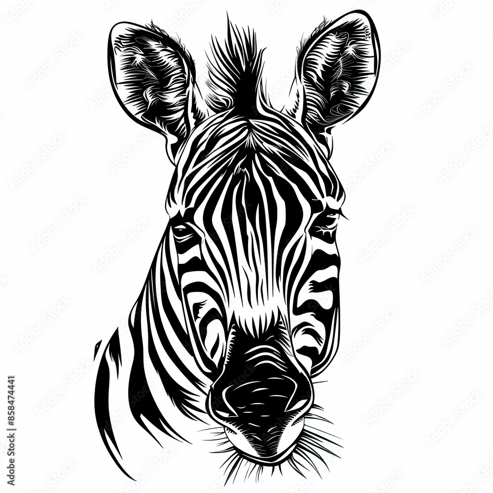 A black and white drawing of a zebra 's head A black and white drawing of a zebra 's head
