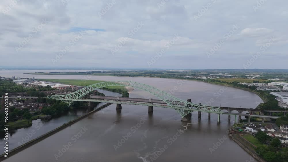 Aerial view of the Silver Jubilee Bridge in Cheshire, England Aerial view of the Silver Jubilee Bridge in Cheshire, England