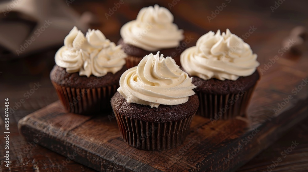 Chocolate cupcakes with cream on a dark wooden surface Chocolate cupcakes with cream on a dark wooden surface