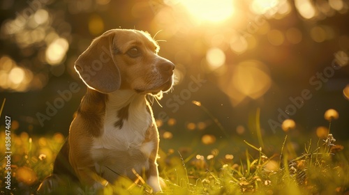 Beagle sitting on grass and gazing elsewhere