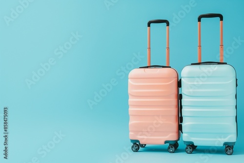 Studio photo of two pastel colored suitcases with wheels and the top handle up, placed next to each other on an isolated brightly coloured background. This composition creates a sense of travel fun.