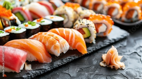 Sushi set on a black background top view Japanese food Sushi set on a black plate on a Black background top view Ai Generated