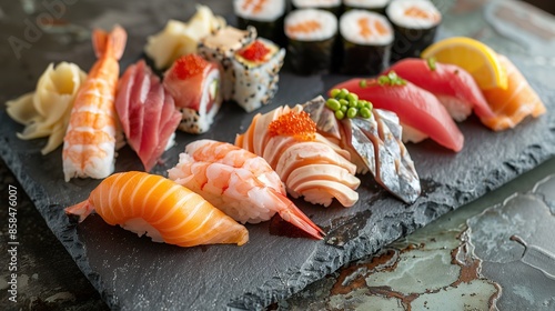 Sushi set on a black background top view Japanese food Sushi set on a black plate on a Black background top view Ai Generated