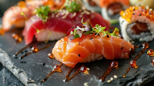 Sushi set on a black background top view Japanese food Sushi set on a black plate on a Black background top view Ai Generated