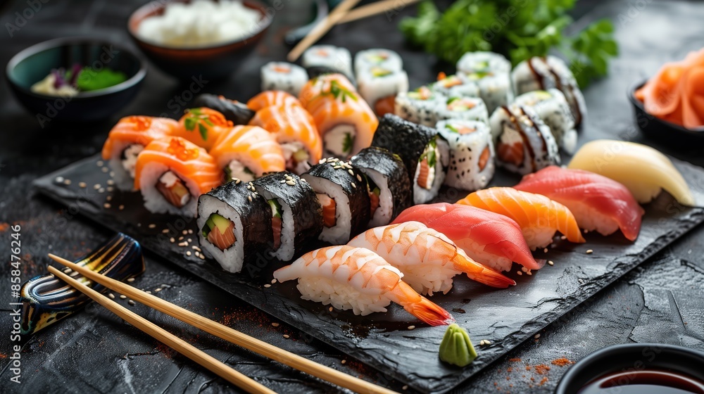 Sushi set on a black background top view Japanese food Sushi set on a black plate on a Black background top view Ai Generated