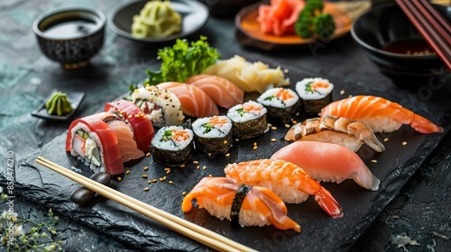 Sushi set on a black background top view Japanese food Sushi set on a black plate on a Black background top view Ai Generated