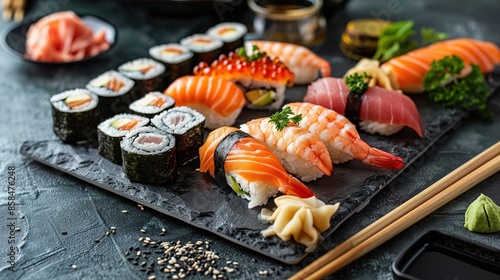 Sushi set on a black background top view Japanese food Sushi set on a black plate on a Black background top view Ai Generated
