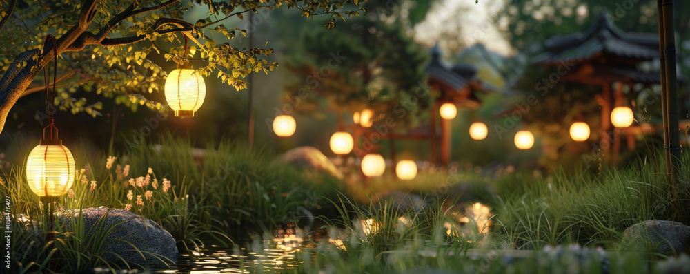 A tranquil garden at twilight background with glowing lanterns, soft grasses, and the textures of gentle breezes and serene ambiance, creating a peaceful and picturesque natural setting.