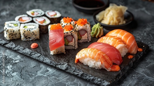 Sushi set on a black background top view Japanese food Sushi set on a black plate on a Black background top view Ai Generated