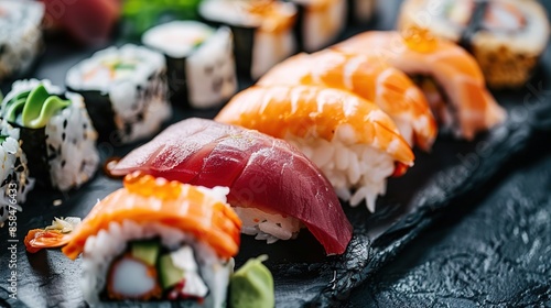 Sushi set on a black background top view Japanese food Sushi set on a black plate on a Black background top view Ai Generated