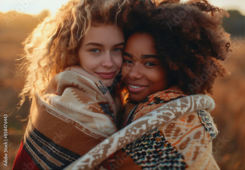 Duas lindas jovens, uma com cabelos loiros cacheados e outra com cabelos castanhos com textura afro, vestindo cobertores aconchegantes no outono ao pôr do sol, abraçando-se sorrindo. Cores quentes photo