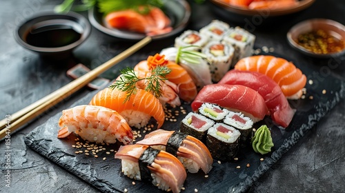 Sushi set on a black background top view Japanese food Sushi set on a black plate on a Black background top view Ai Generated