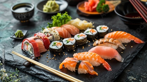 Sushi set on a black background top view Japanese food Sushi set on a black plate on a Black background top view Ai Generated