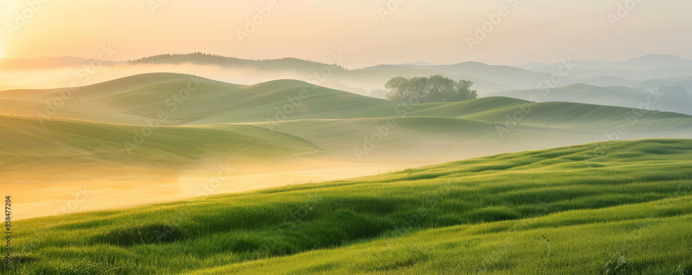 Fototapeta premium A tranquil sunrise over rolling hills background with soft morning light, dewy grasses, and the textures of gentle slopes and fresh air, creating a peaceful and picturesque rural scene.