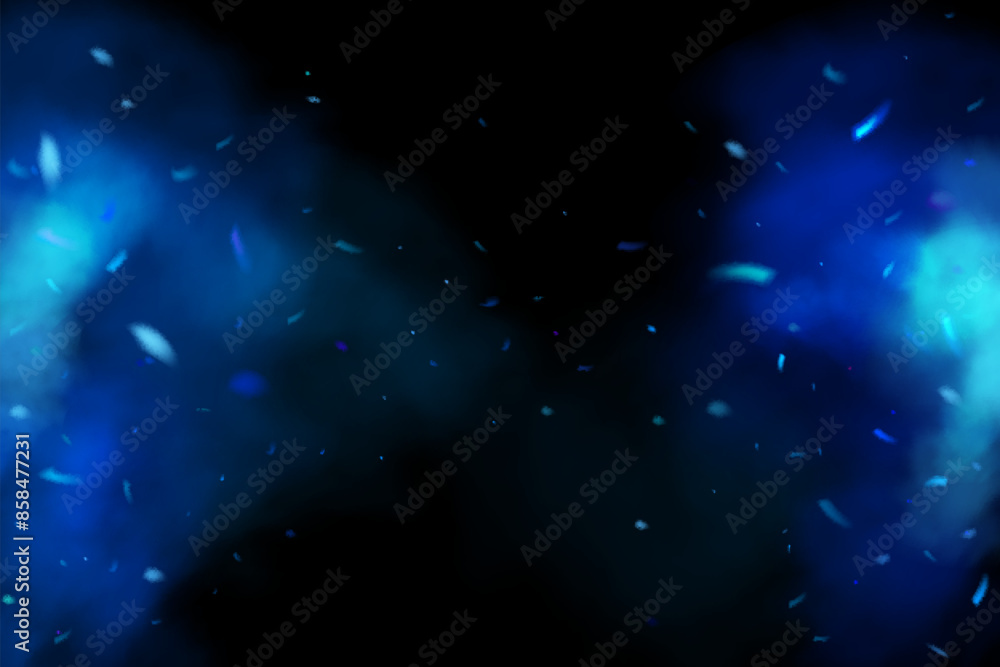 Blue sparks with Fire and blue smoke effect. Burning particles flames Elements, campfire, magic glow overlay. Neon burnt steam texture.