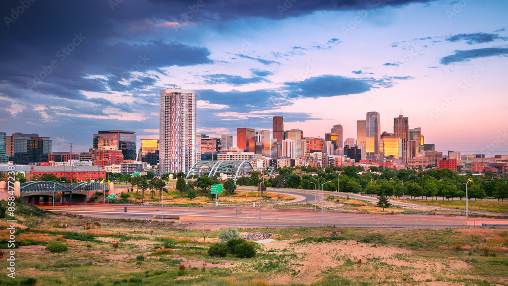 Denver, Colorado, USA. Cityscape image of Denver skyline, Colorado, USA at dramatic summer sunset.