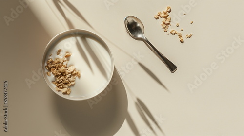 Top Shot of Cereal Bowl with Milk on Neutral Backdrop