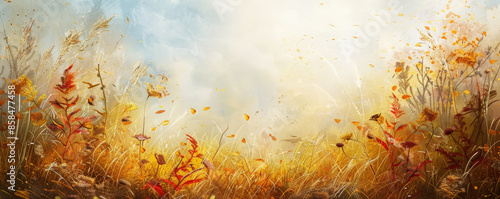 A vibrant autumn meadow background with golden grasses, scattered leaves, and the textures of late blooming flowers and crisp air, creating a warm and seasonal atmosphere. #858477458