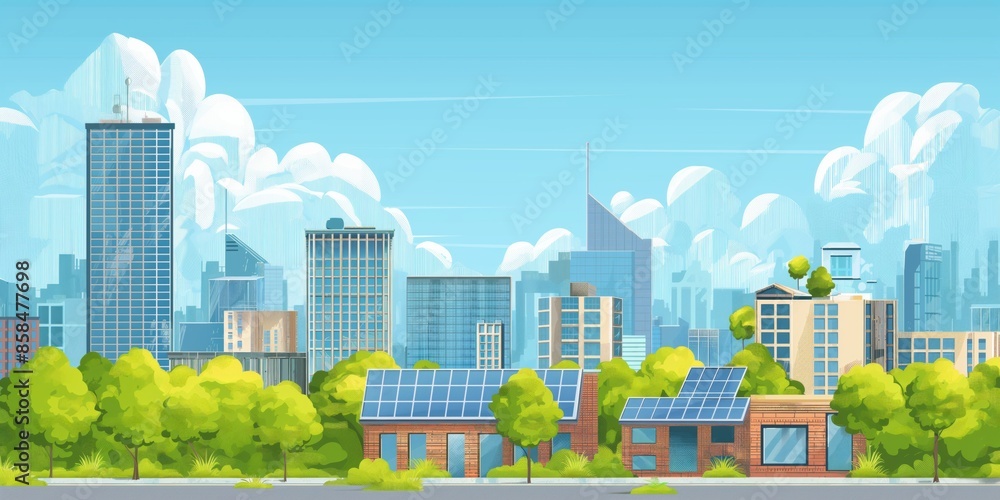 Illustration of a sustainable cityscape with integrated solar panels promoting eco-friendly urban living. Illustration of a sustainable cityscape with integrated solar panels promoting eco-friendly urban living.