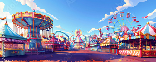A vibrant fairground background with colorful rides, lively patterns, and textured banners. The festive, energetic atmosphere creates a joyful, exciting scene.
