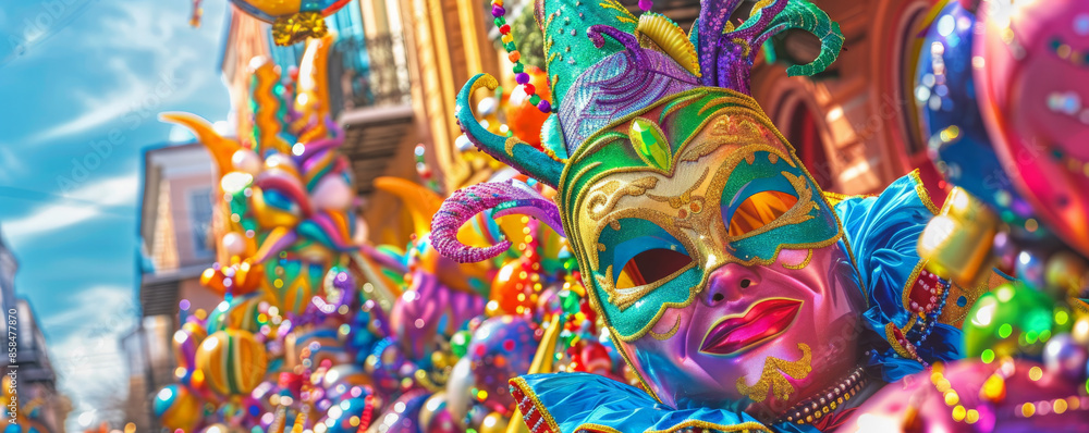 A vibrant Mardi Gras parade background with colorful floats, festive masks, and the textures of beaded necklaces and lively music, creating a joyful and celebratory atmosphere.