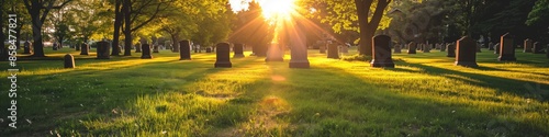 Sunlit cemetery scene with graves and tombstones, conveying peace and remembrance. photo