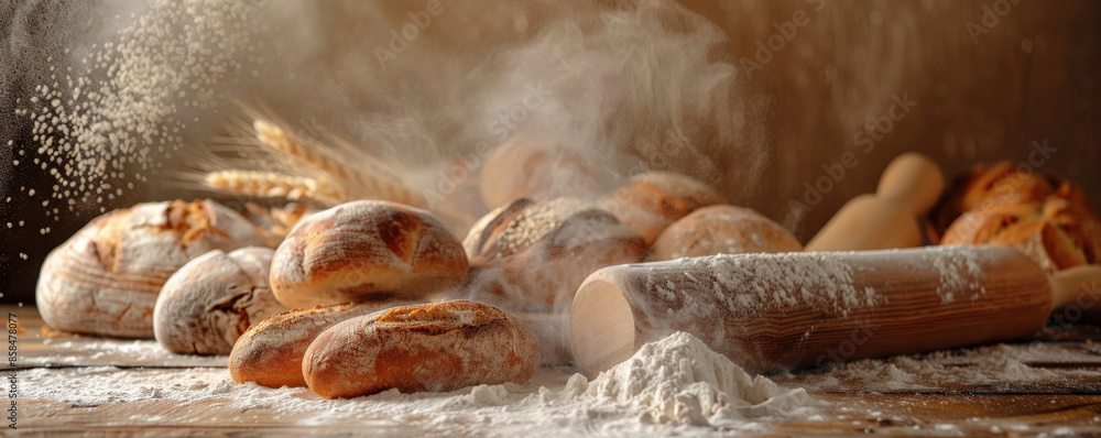 A wooden table with a variety of bread, a rolling pin, and a dusting of flour. The scene is in warm, earthy tones to evoke a rustic atmosphere. A wooden table with a variety of bread, a rolling pin, and a dusting of flour. The scene is in warm, earthy tones to evoke a rustic atmosphere.