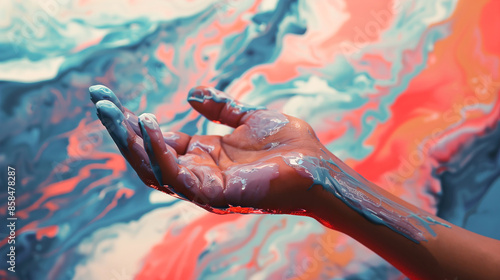 Vibrant paint-covered hand against a colorful backdrop. Generative AI image photo