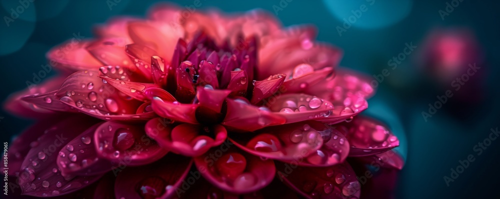 A vibrant red dahlia blossom with dew drops on its petals A vibrant red dahlia blossom with dew drops on its petals