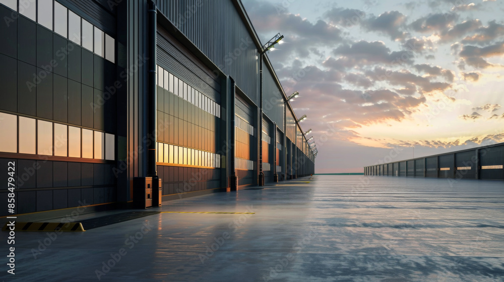 Industrial warehouses against the backdrop of sunset. Modern warehouses, garages in an industrial area. Industrial warehouses against the backdrop of sunset. Modern warehouses, garages in an industrial area.