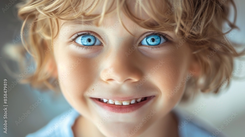 close-up blue eyes of a happy Caucasian boy 7-8 years old with a smile looking at the camera.child's eyes macro