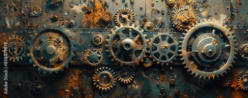 A collection of antique gears and cogs, weathered and rusted, forming a gritty mechanical arrangement © Anutha