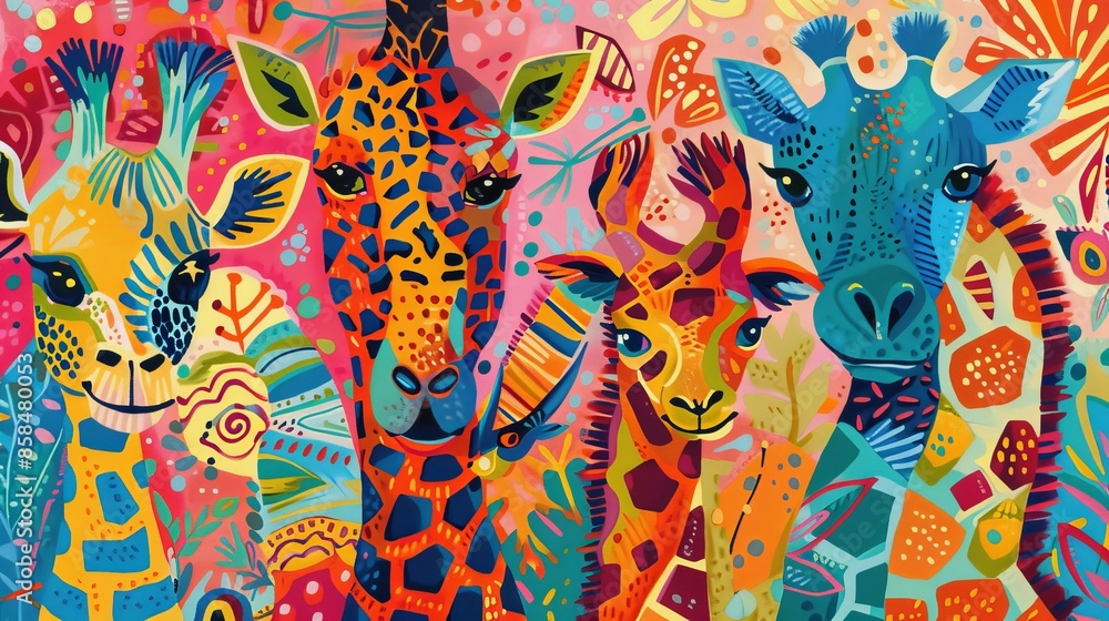 Fototapeta premium Adorable safari animal paintings with bright colors and unique patterns. Perfect for children's rooms, clothing, wrapping paper, and backgrounds.